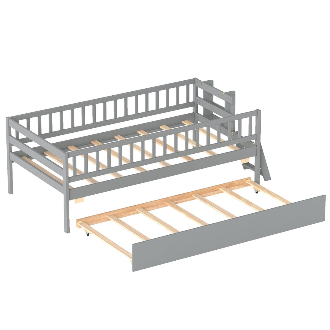 Twin Bed with Trundle, Bookshelf & Ladder for Kids