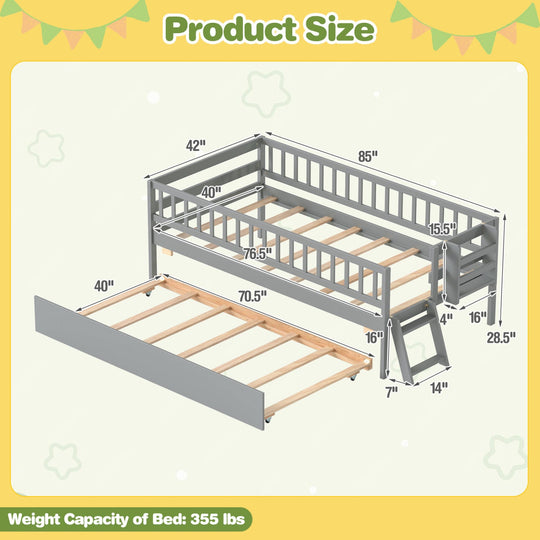 Twin Bed with Trundle, Bookshelf & Ladder for Kids