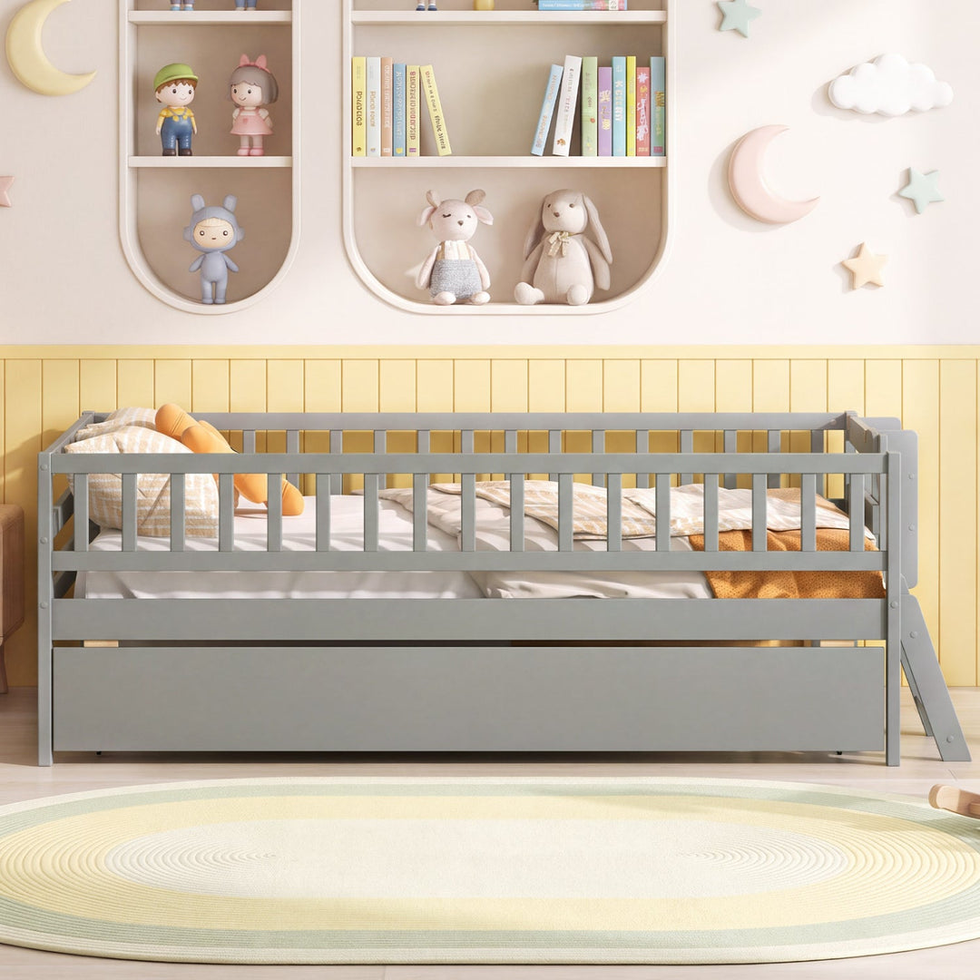 Twin Bed with Trundle, Bookshelf & Ladder for Kids