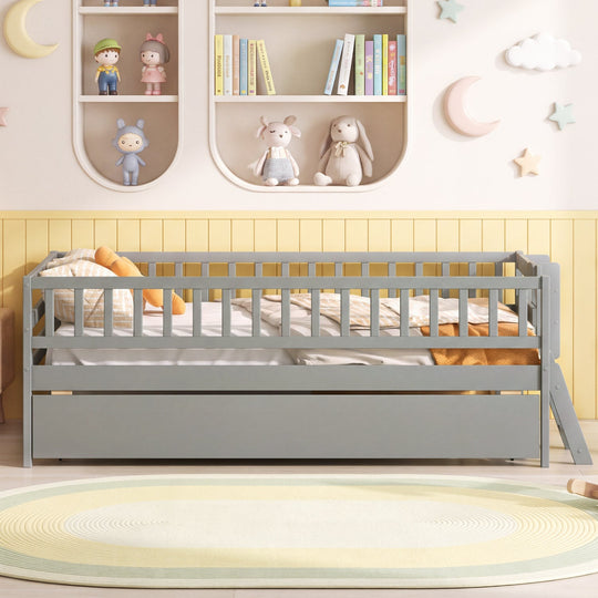 Twin Bed with Trundle, Bookshelf & Ladder for Kids