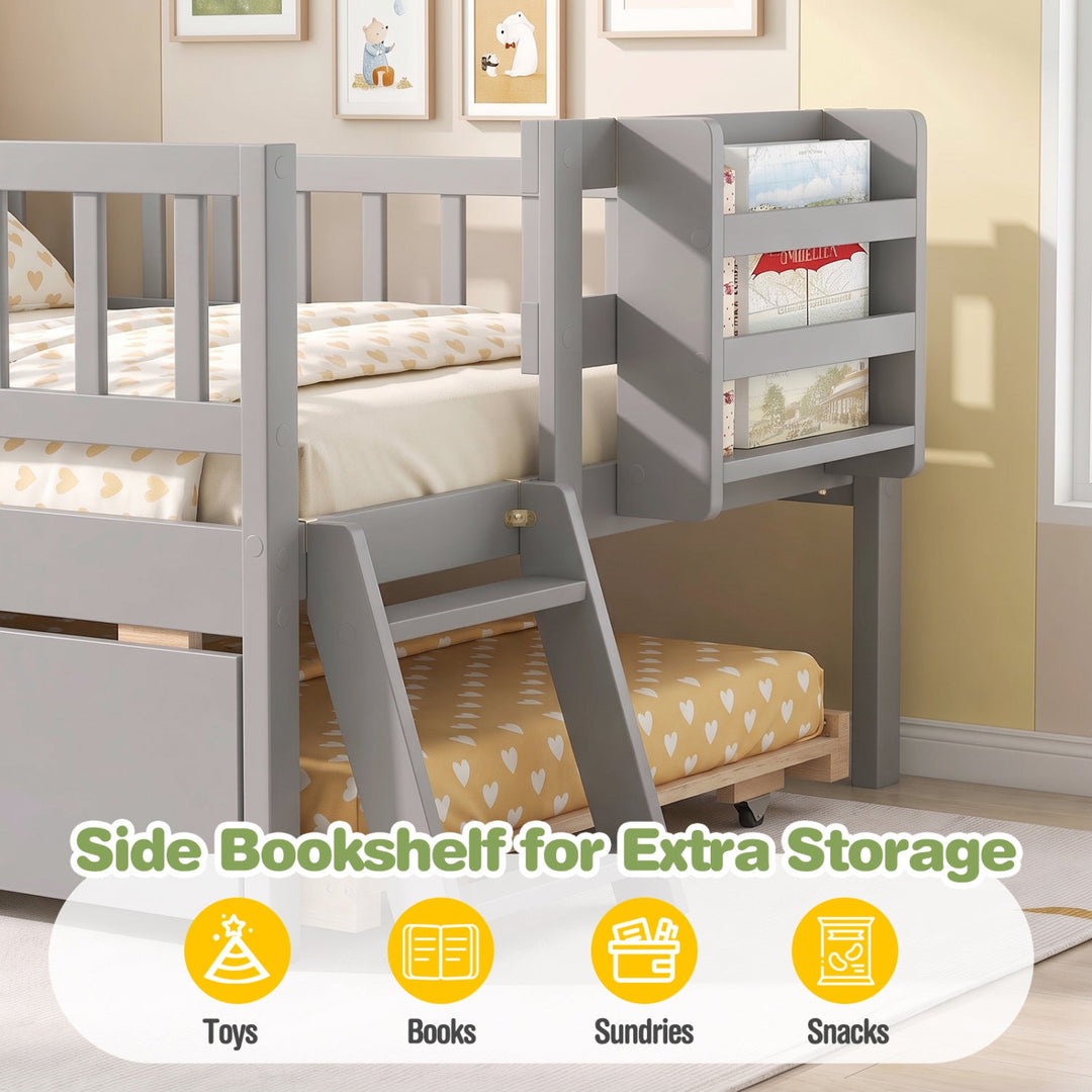 Twin Bed with Trundle, Bookshelf & Ladder for Kids