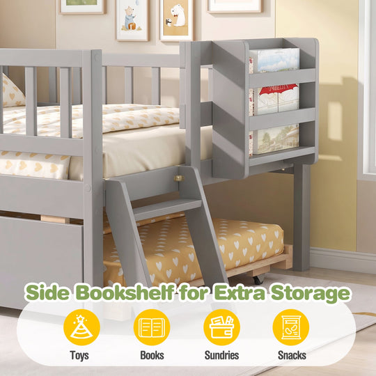 Twin Bed with Trundle, Bookshelf & Ladder for Kids