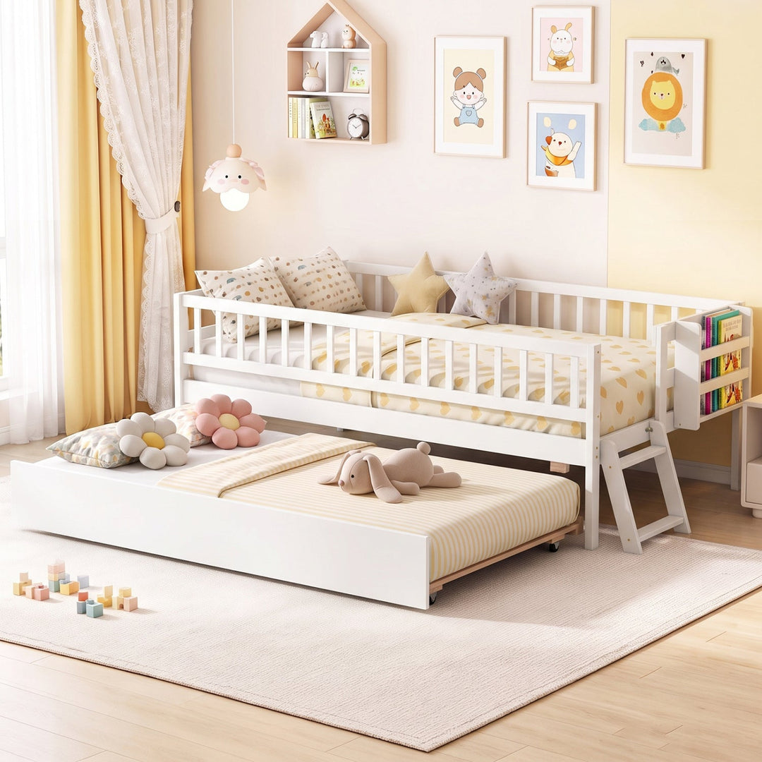 Twin Bed with Trundle, Bookshelf & Ladder for Kids