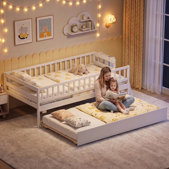 Twin Bed with Trundle, Bookshelf & Ladder for Kids