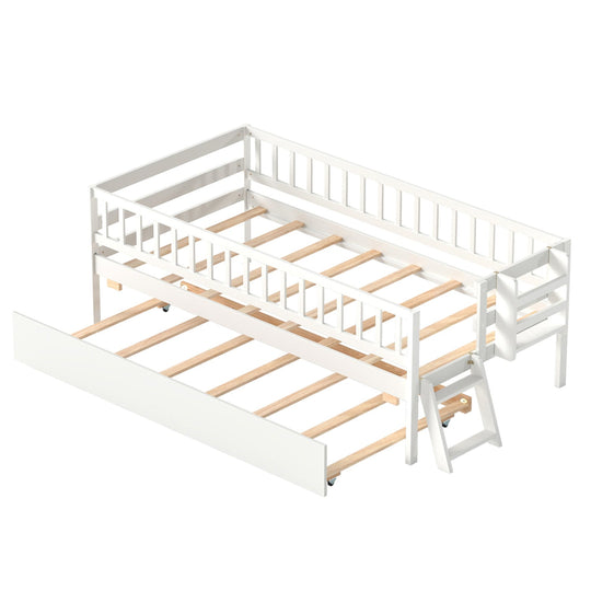 Twin Bed with Trundle, Bookshelf & Ladder for Kids