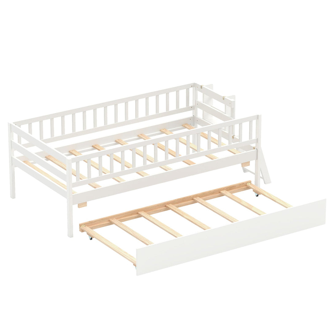 Twin Bed with Trundle, Bookshelf & Ladder for Kids