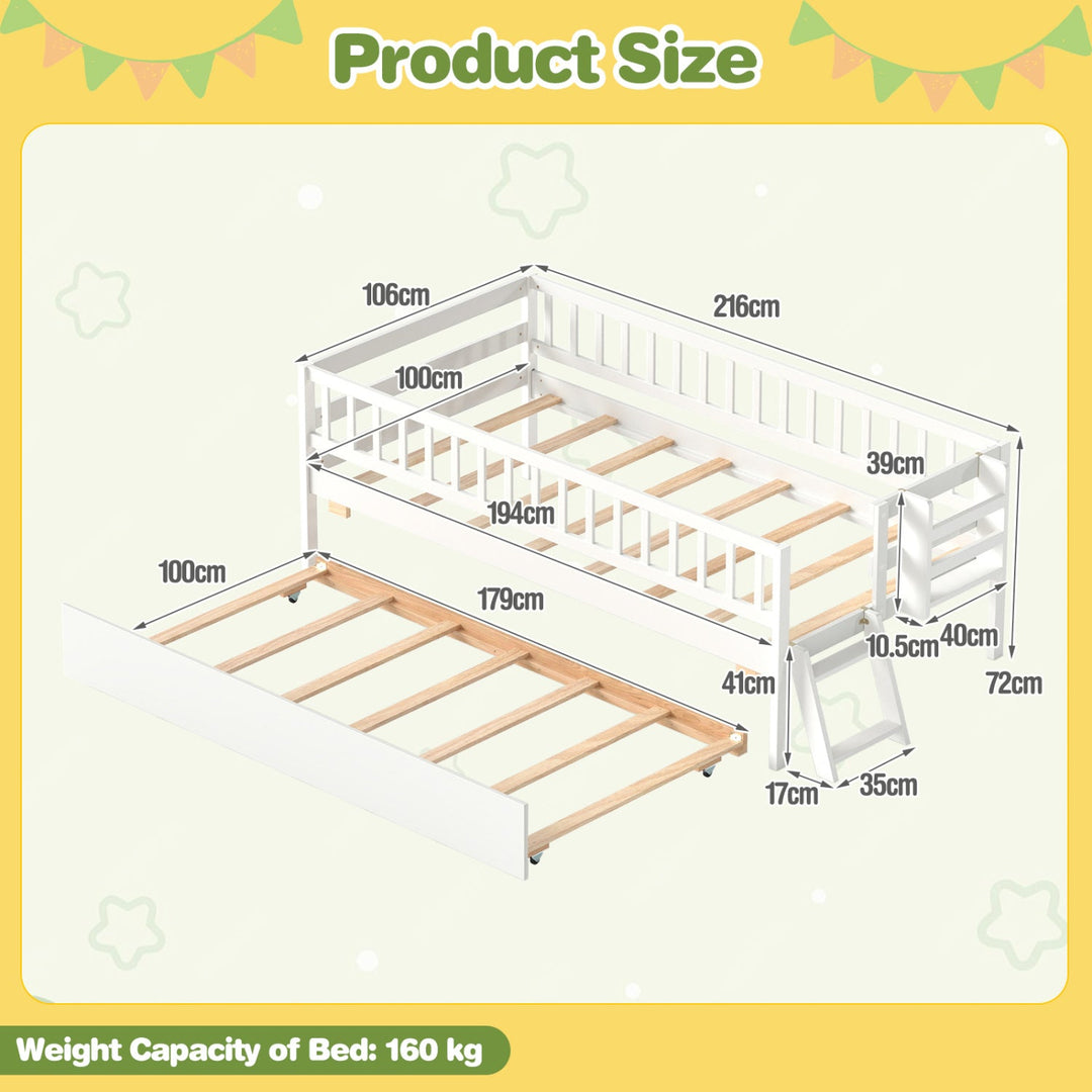 Twin Bed with Trundle, Bookshelf & Ladder for Kids
