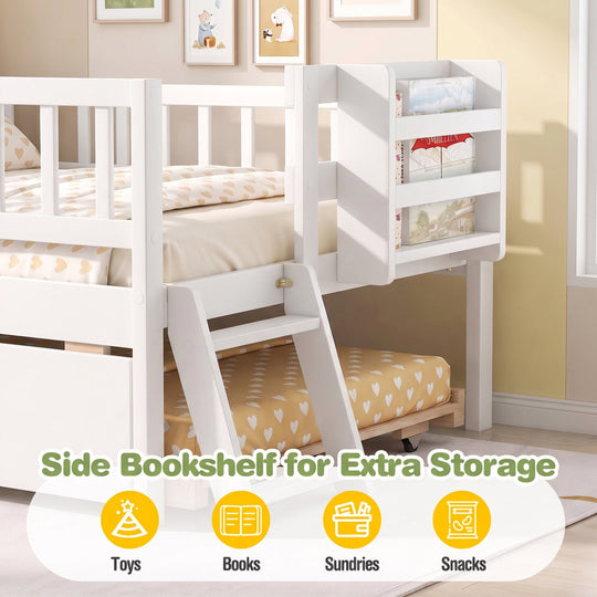 Twin Bed with Trundle, Bookshelf & Ladder for Kids