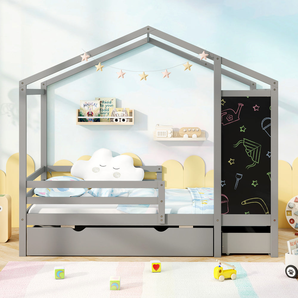 Kids Twin Size Bed with 2 Drawers Solid Wood Bed with Blackboard-Gray