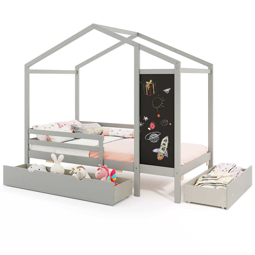Kids Twin Size Bed with 2 Drawers Solid Wood Bed with Blackboard-Gray