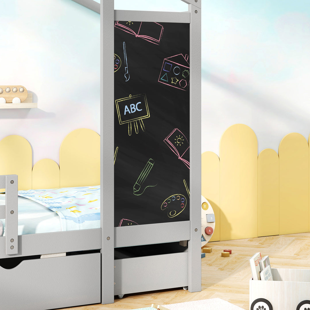 Kids Twin Size Bed with 2 Drawers Solid Wood Bed with Blackboard-Gray