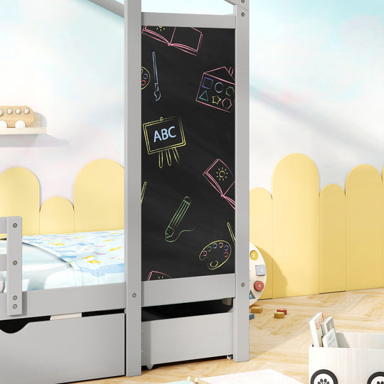 Kids Twin Size Bed with 2 Drawers Solid Wood Bed with Blackboard-Gray