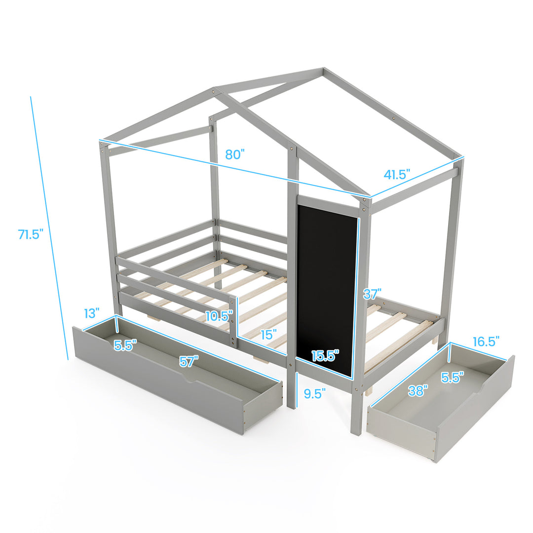 Kids Twin Size Bed with 2 Drawers Solid Wood Bed with Blackboard-Gray