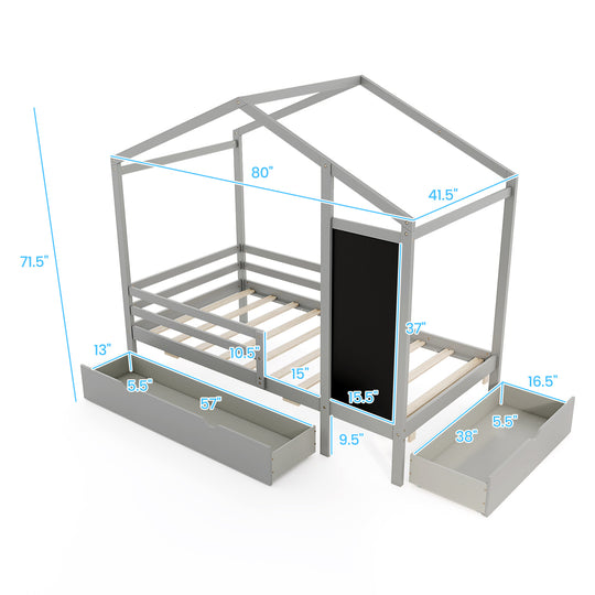 Kids Twin Size Bed with 2 Drawers Solid Wood Bed with Blackboard-Gray