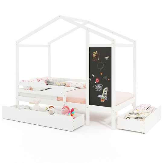 Kids Twin Size Bed with 2 Drawers Solid Wood Bed with Blackboard-White