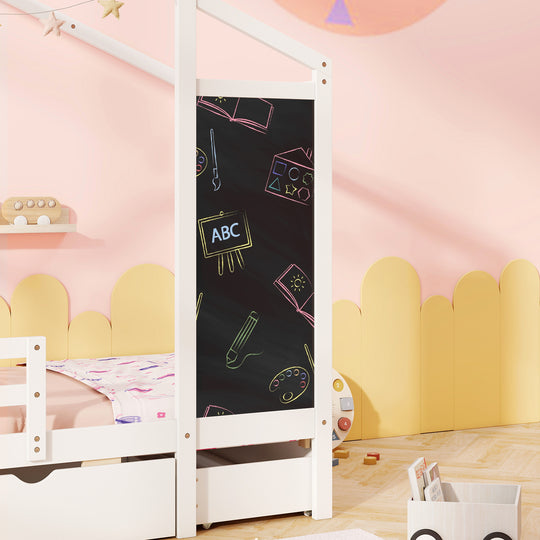 Kids Twin Size Bed with 2 Drawers Solid Wood Bed with Blackboard-White