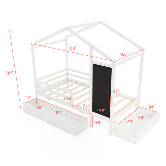 Kids Twin Size Bed with 2 Drawers Solid Wood Bed with Blackboard-White