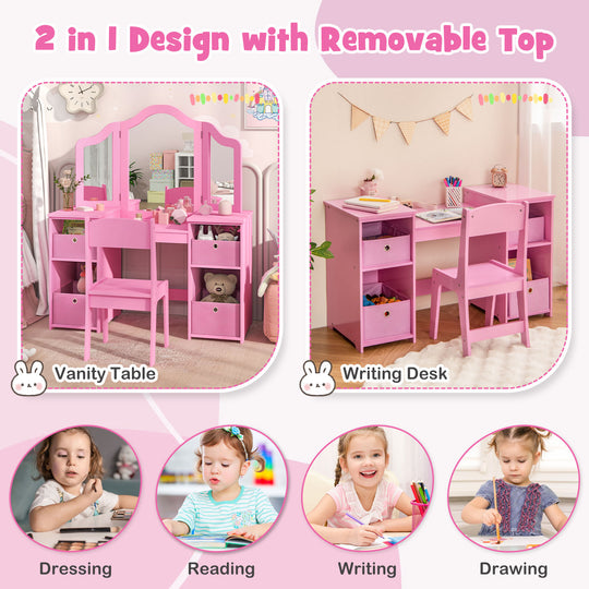 Kids Vanity Table and Chair Set with Removable Mirrors and 4 Storage Bins-Pink