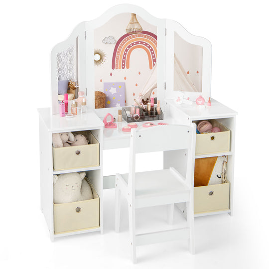 Kids Vanity Table and Chair Set with Removable Mirrors and 4 Storage Bins-White