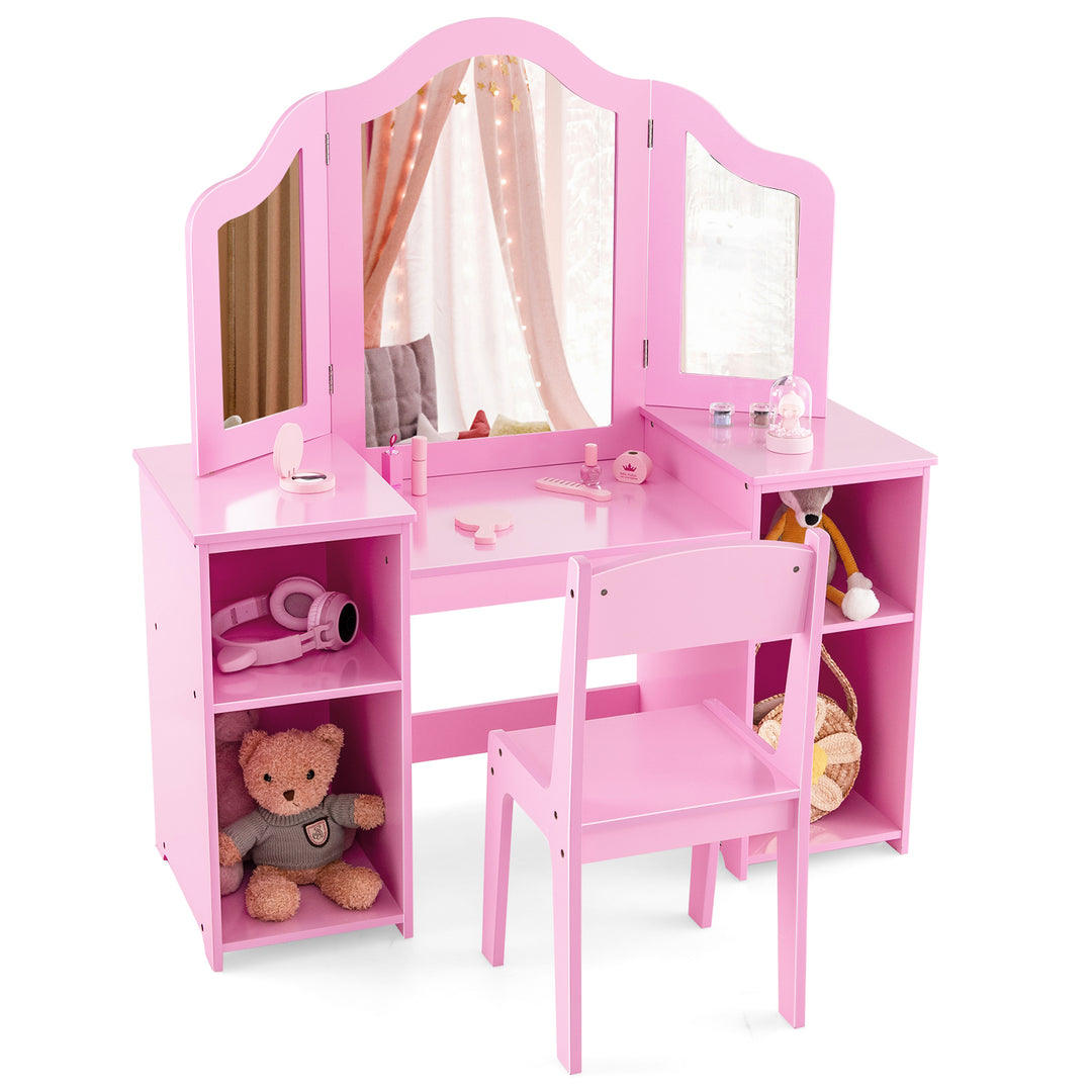 Kids Vanity Table and Chair Set with Removable Tri-Folding Mirror-Pink