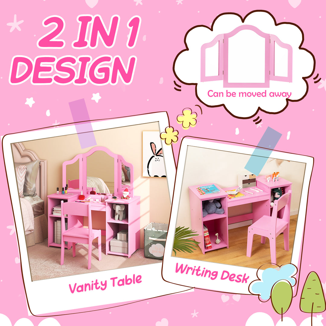 Kids Vanity Table and Chair Set with Removable Tri-Folding Mirror-Pink