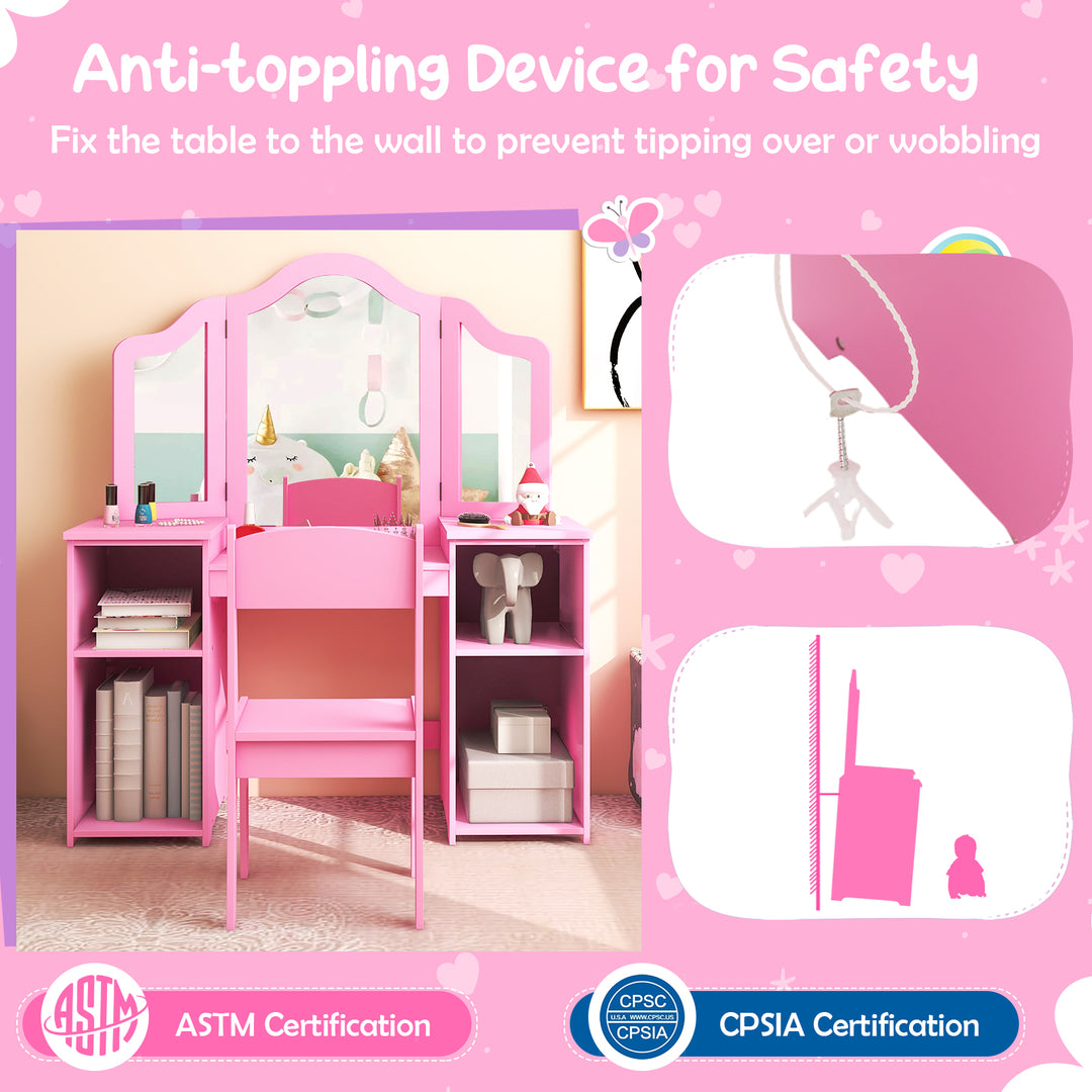 Kids Vanity Table and Chair Set with Removable Tri-Folding Mirror-Pink
