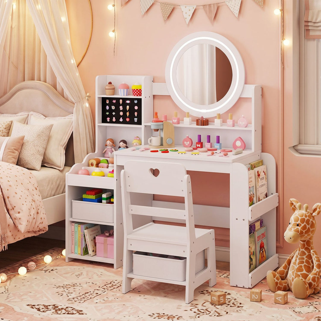 Kids Vanity Desk with Mirror Side Bookshelf and Ring Slots
