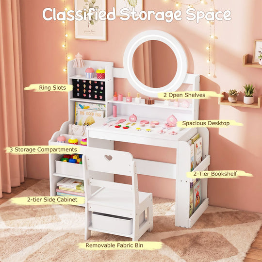 Kids Vanity Desk with Mirror Side Bookshelf and Ring Slots