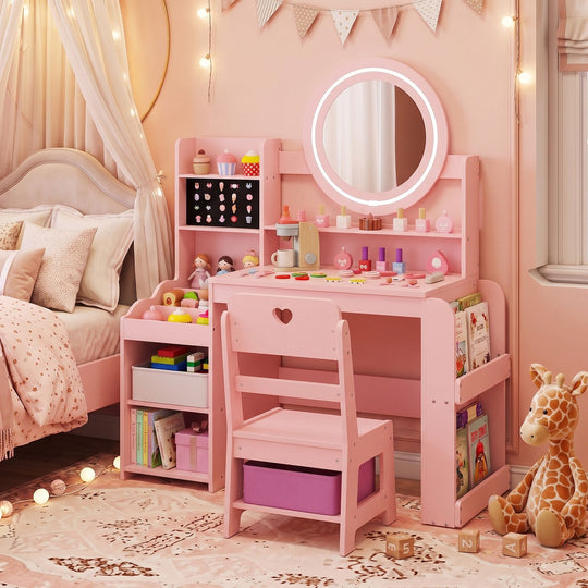 Kids Vanity Desk with Mirror Side Bookshelf and Ring Slots