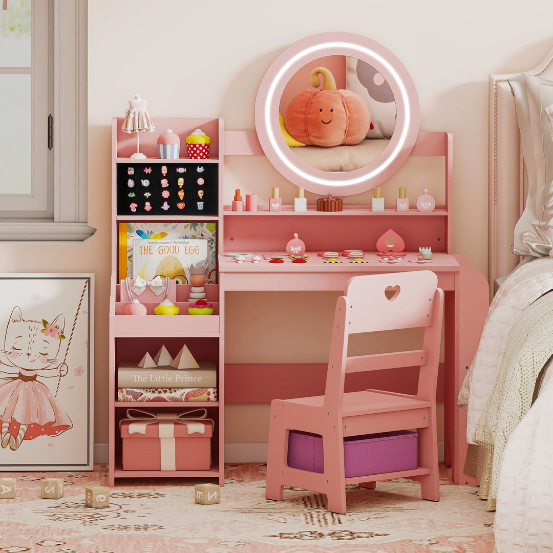 Kids Vanity Desk with Mirror Side Bookshelf and Ring Slots