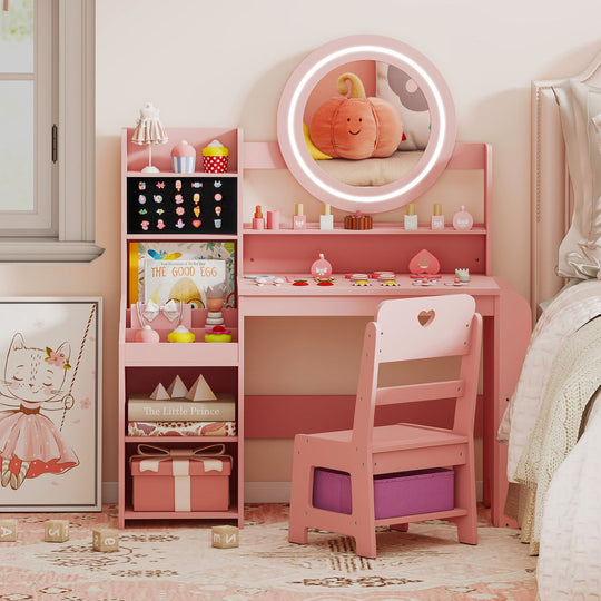 Kids Vanity Desk with Mirror Side Bookshelf and Ring Slots