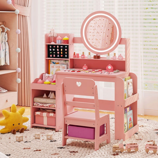 Kids Vanity Desk with Mirror Side Bookshelf and Ring Slots
