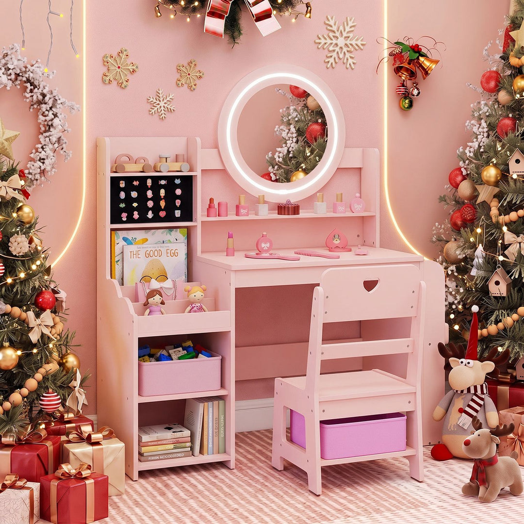Kids Vanity Desk with Mirror Side Bookshelf and Ring Slots