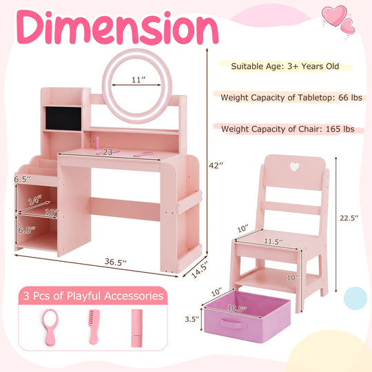 Kids Vanity Desk with Mirror Side Bookshelf and Ring Slots