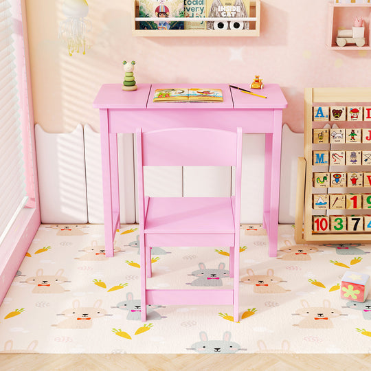 2-in-1 Kids Vanity Makeup Table and Chair Set with Flip Top Mirror-Pink