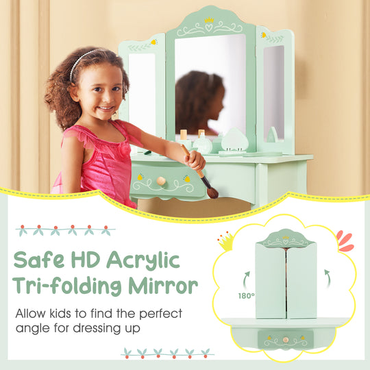 Kids Vanity Set with Tri-folding Mirror-Green