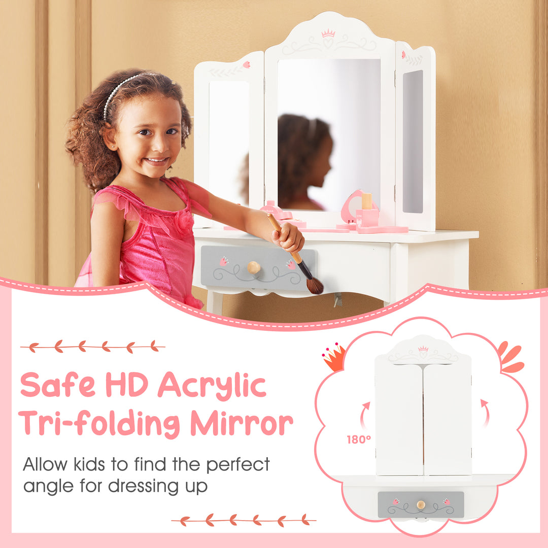 Kids Vanity Set with Tri-folding Mirror-White