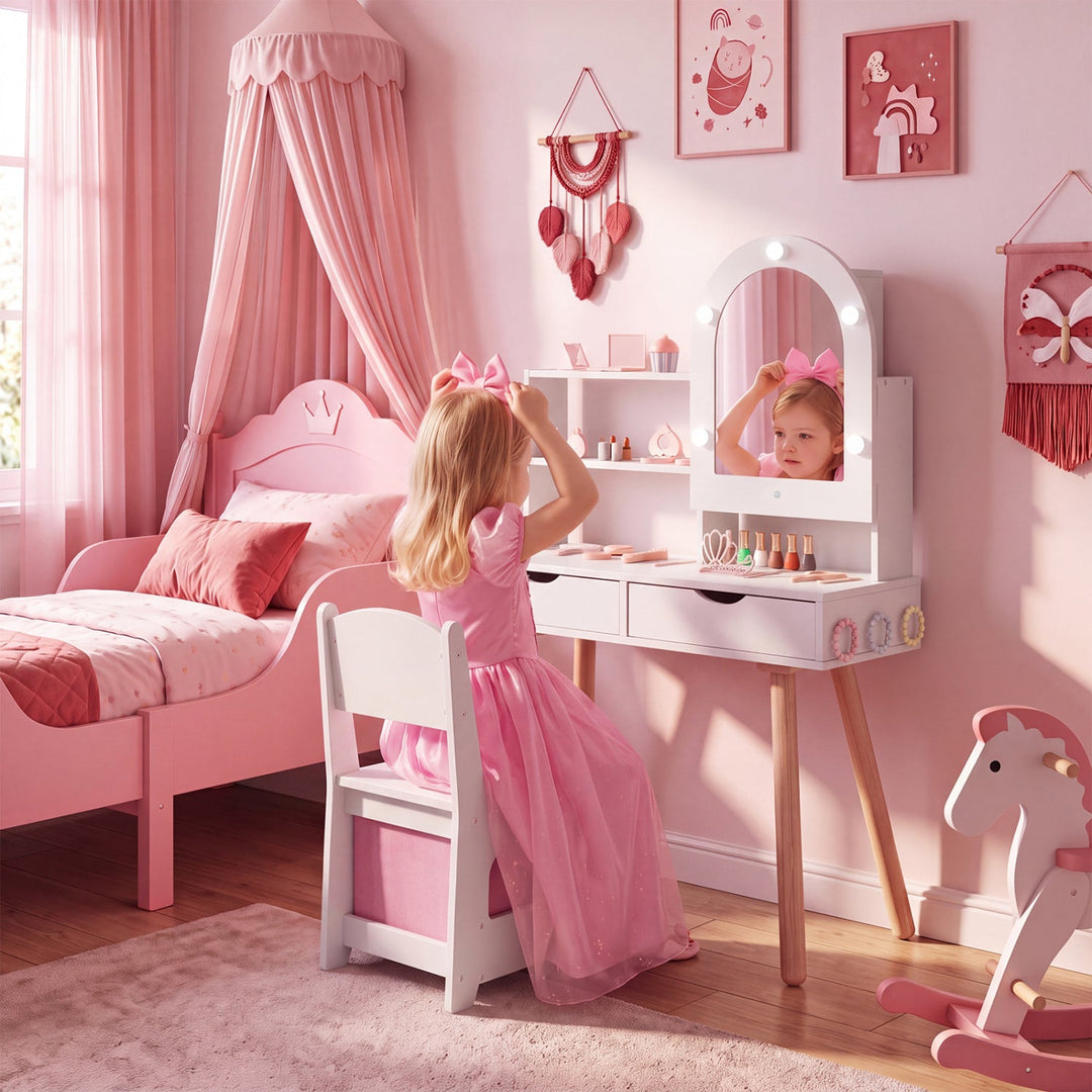 Kids Vanity Set with Lighted Mirror and Chair - White