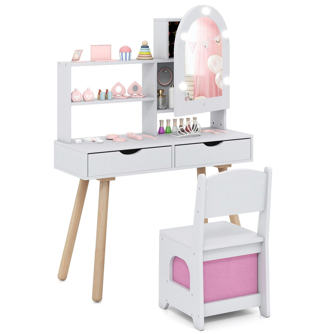 Kids Vanity Set with Lighted Mirror and Chair - White