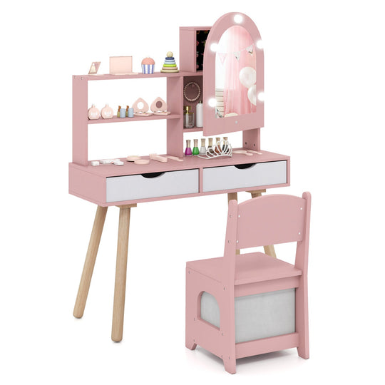 Kids Vanity Set with Lighted Mirror and Chair - White