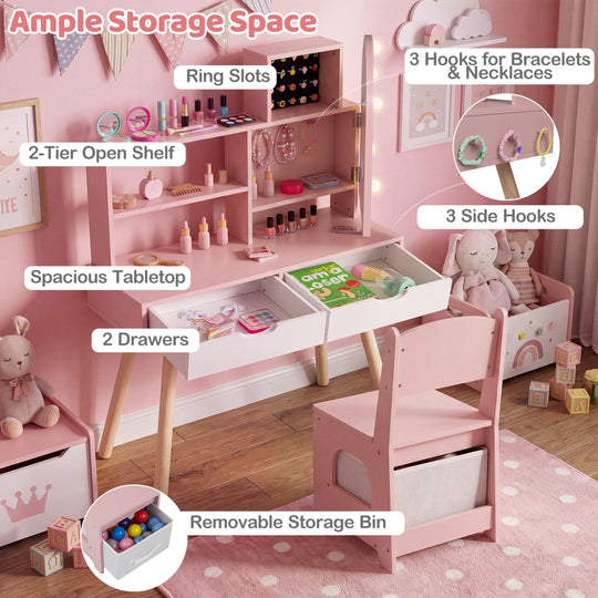 Kids Vanity Set with Lighted Mirror and Chair - White