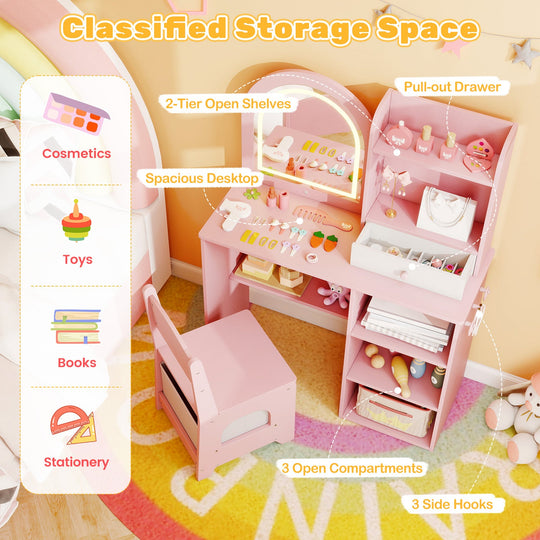 Kids Vanity Set Princess Girls Makeup Vanity Desk with Chair and 3-Color LED Lighted Mirror
