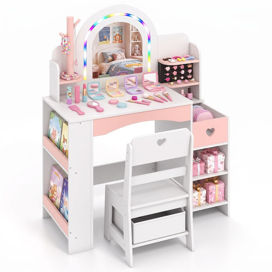 Kids Vanity Set with Colorful LED Lights and Jewelry Stand for Toddlers