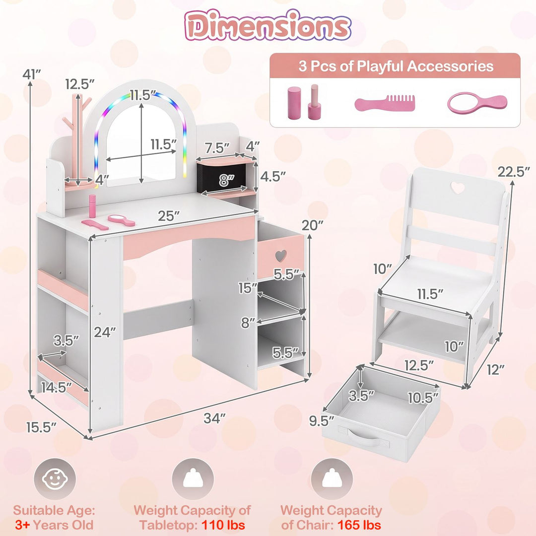 Kids Vanity Set with Colorful LED Lights and Jewelry Stand for Toddlers