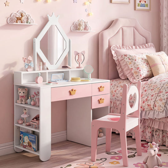 Kids Vanity Set with Crown Mirror and Chair