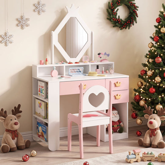 Kids Vanity Set with Crown Mirror and Chair