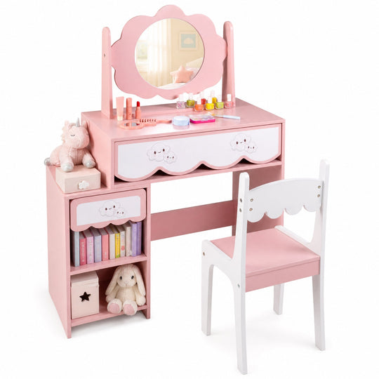 Kids Vanity Set with Rotating Mirror and Chair - Pink