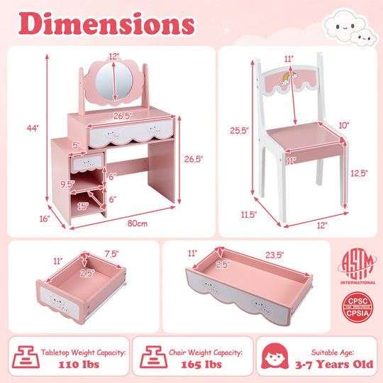 Kids Vanity Set with Rotating Mirror and Chair - Pink