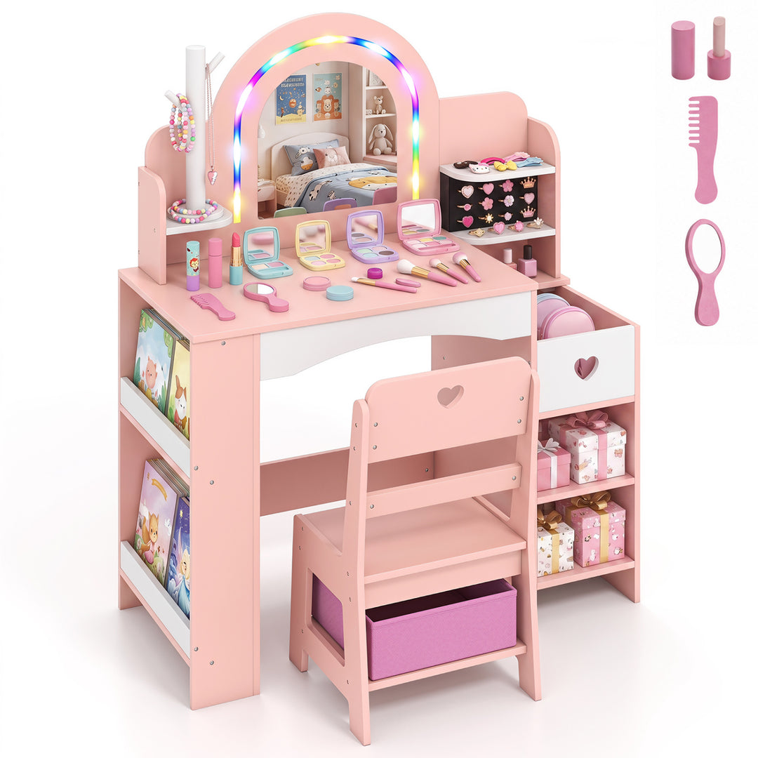 Kids Vanity Set with Colorful LED Lights and Jewelry Stand for Toddlers