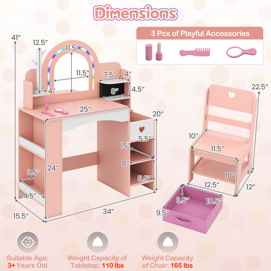 Kids Vanity Set with Colorful LED Lights and Jewelry Stand for Toddlers
